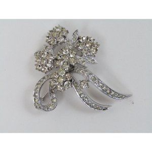 Vintage Signed POLCINI Art Deco Pave Rhinestone Rhodium Plated Brooch 60s